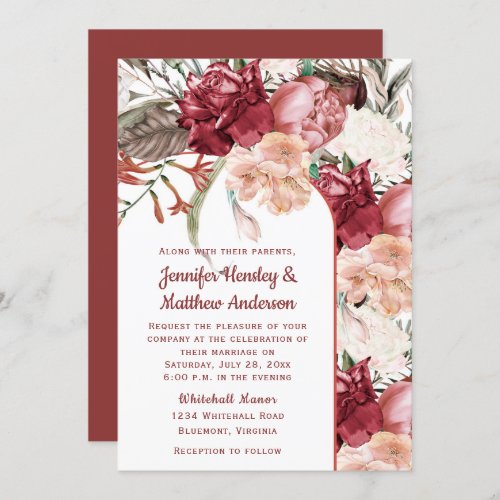 Burgundy Dusty Rose Ivory Peach Floral Wedding  In Invitation