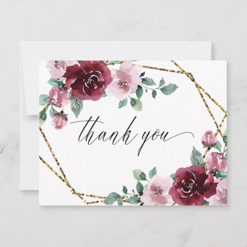 Burgundy Dusty Rose Pink Floral Gold Foil Wedding Thank You Card