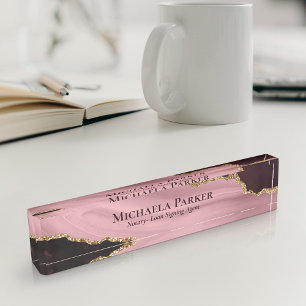 Burgundy Dusty Rose Pink Gold Agate Geode Desk Name Plate