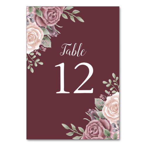 burgundy Dusty Rose Watercolor Floral  Table Number