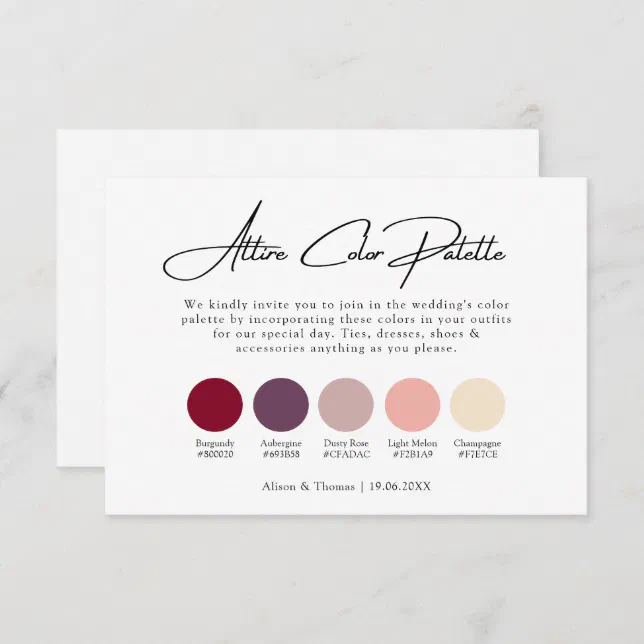 Burgundy Dusty Rose Wedding Attire Color Palette Enclosure Card | Zazzle