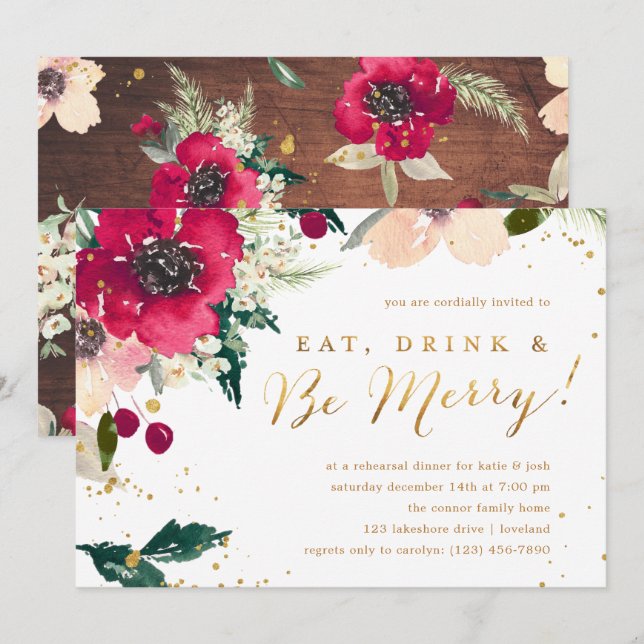 Burgundy "Eat Drink & Be Merry" Rehearsal Dinner Invitation (Front/Back)