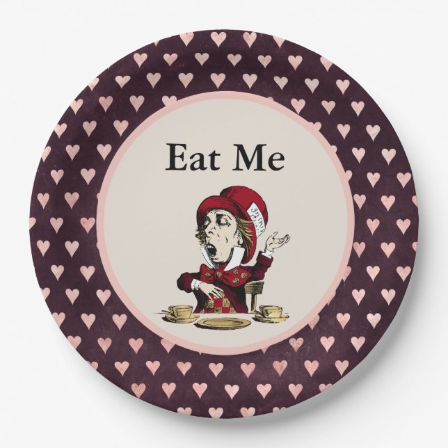 Burgundy Eat Me Mad Hatter Alice in Wonderland Paper Plates (Front)
