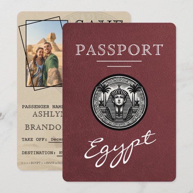 Burgundy Egypt Passport Wedding Save the Date (Front/Back)
