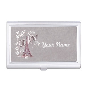 Burgundy Eiffel Tower Illustration White Daisies Business Card Case