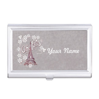 Burgundy Eiffel Tower Illustration White Daisies Business Card Case