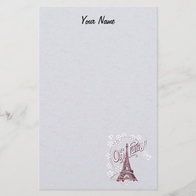 Burgundy Eiffel Tower Illustration White Daisies Stationery (Front)
