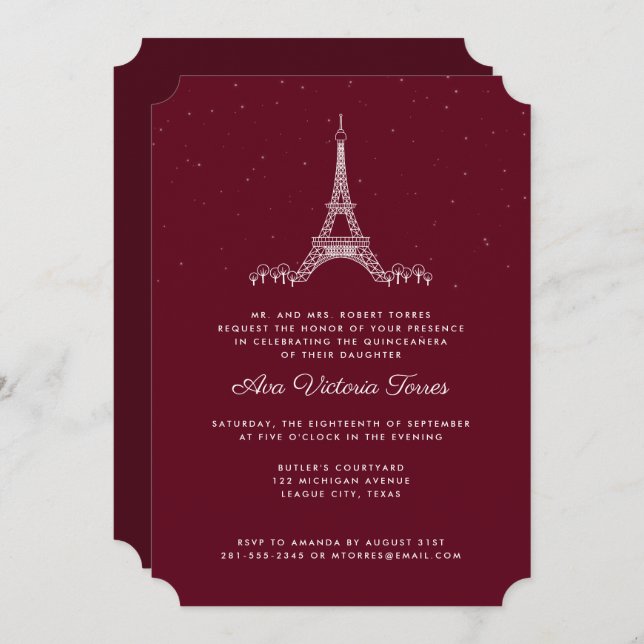 Burgundy Eiffel Tower Under the Stars Quinceañera Invitation (Front/Back)