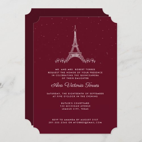 Burgundy Eiffel Tower Under the Stars Quinceaera Invitation