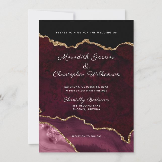 Burgundy Elegance Gold Glitter Agate Wedding Invitation (Front)