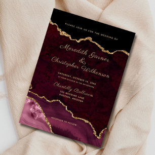Burgundy Elegance Gold Glitter Agate Wedding Invitation