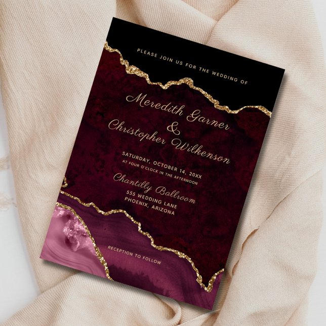 Burgundy Elegance Gold Glitter Agate Wedding Invitation (Creator Uploaded)