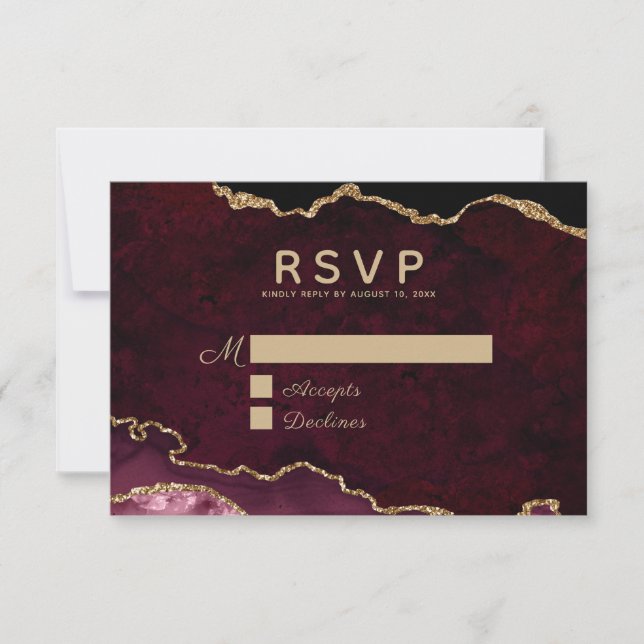 Burgundy Elegance Gold Glitter Agate Wedding RSVP Card (Front)
