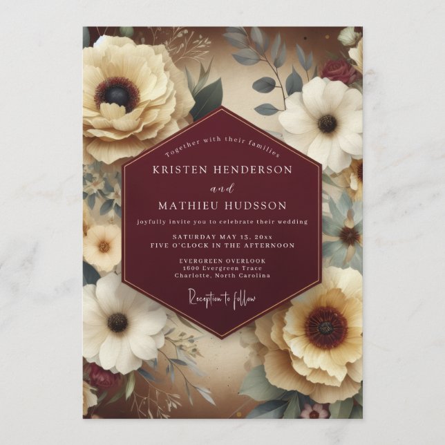 Burgundy Elegant Bloom Wedding Invitation (Front)