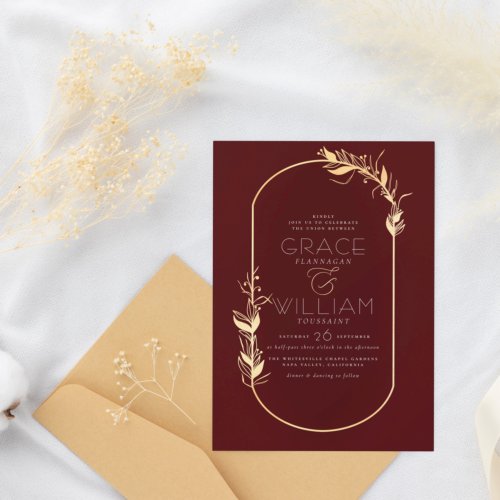 Burgundy Elegant Botanical Gold Frame Wedding Postcard