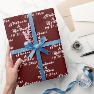 Burgundy Elegant Bride and Groom Names Wedding Wrapping Paper