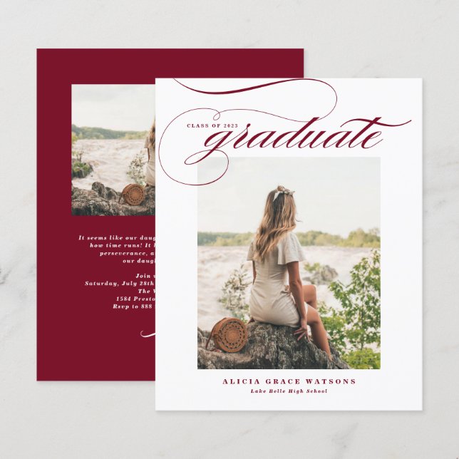 Burgundy Elegant Calligraphy Graduation Invitation (Front/Back)