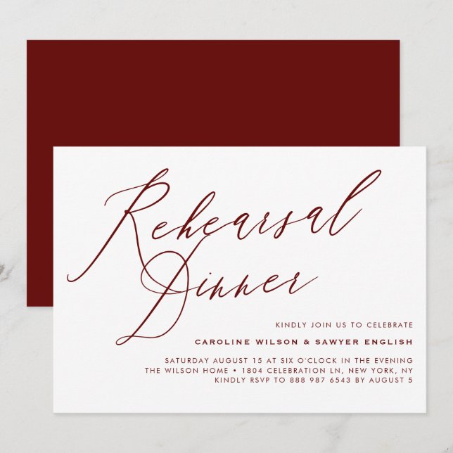 Burgundy Elegant Calligraphy Rehearsal Dinner Invitation (Front/Back)
