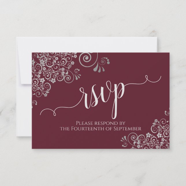 Burgundy Elegant Calligraphy Silver Frills Wedding RSVP Card (Front)