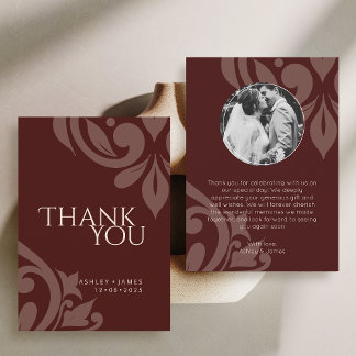 Burgundy Elegant Chic Damask Photo Wedding  Thank You Card
