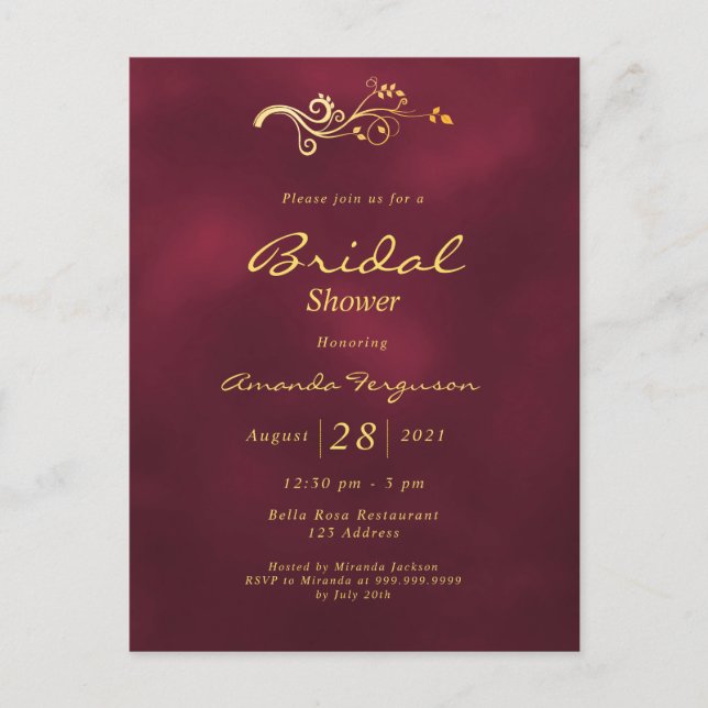 Burgundy elegant classic bridal shower invitation postcard (Front)