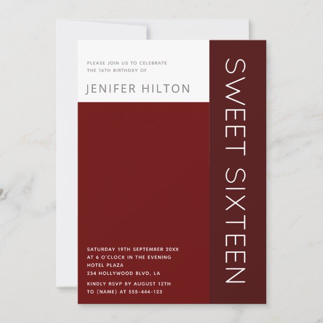 Burgundy elegant color block sweet sixteen  invitation (Front)