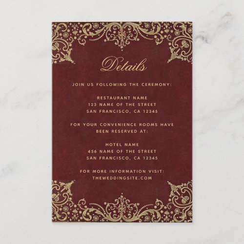 Burgundy Elegant Details Vintage Gold Wedding Enclosure Card