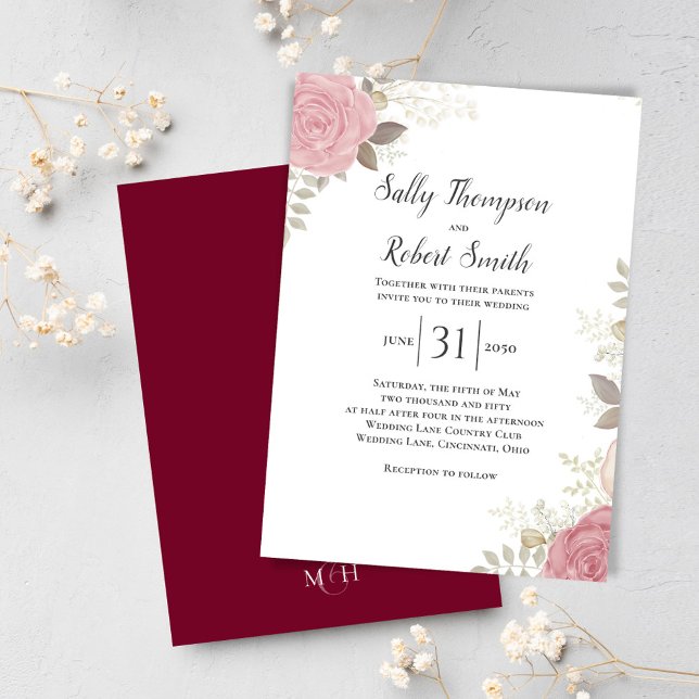 Burgundy Elegant Floral Custom Wedding Invitation (Elegant watercolor burgundy floral wedding invitation template.)