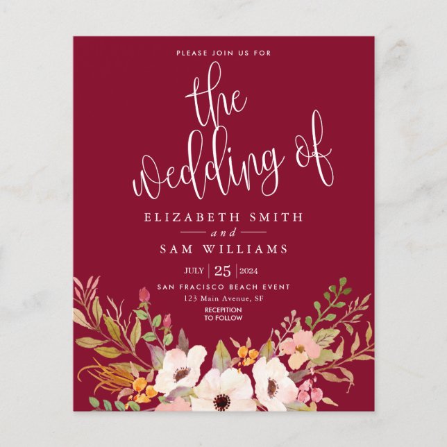 Burgundy Elegant Floral Fall Budget Wedding Invite Flyer (Front)