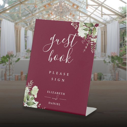 Burgundy Elegant Floral Greenery Guest Book Pedestal Sign