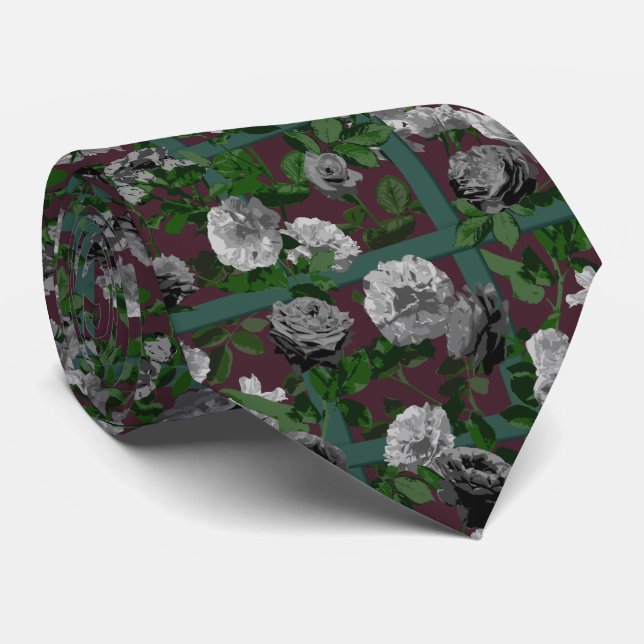 Burgundy Elegant Floral Roses   Neck Tie (Rolled)