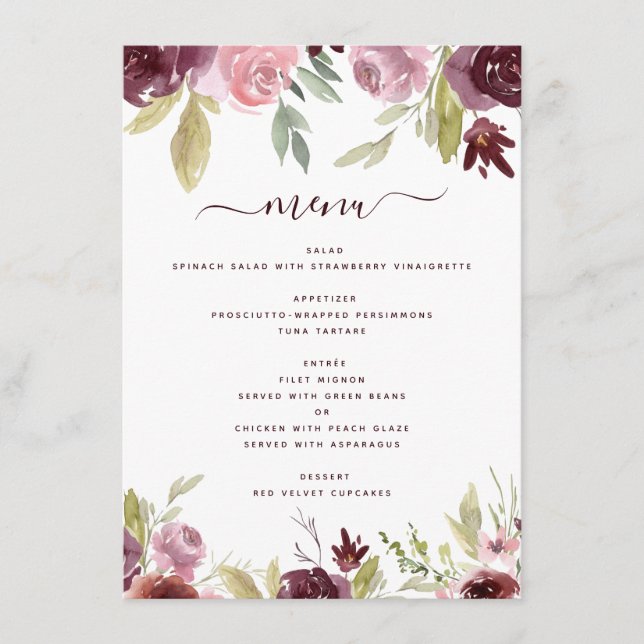 Burgundy Elegant Flowers Floral Wedding Reception Menu (Front)