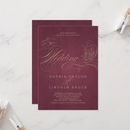 Burgundy Elegant Gold Calligraphy Wedding Invitation