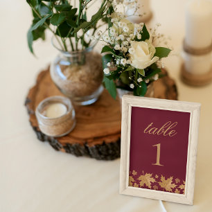 Burgundy Elegant Gold Fall Leaves Custom Wedding Table Number