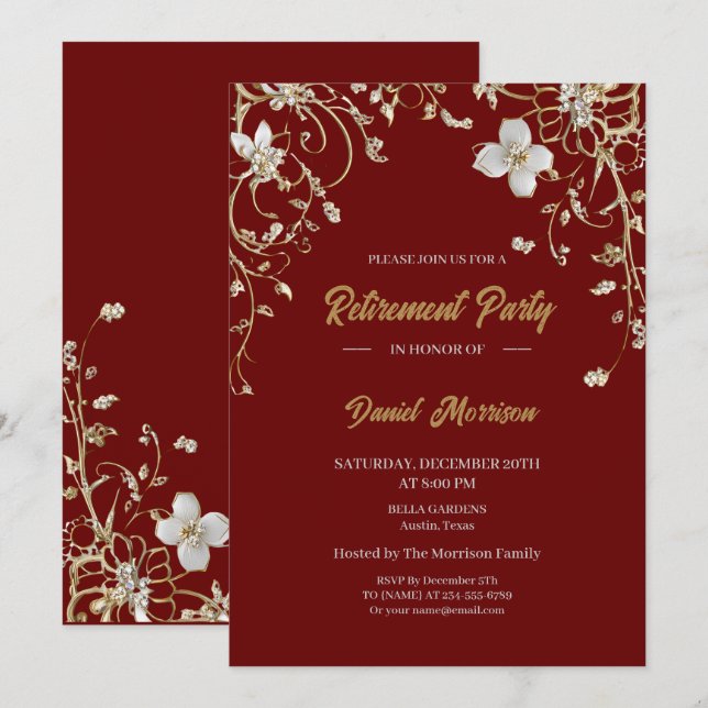 Burgundy Elegant Gold Floral Frame Retirement 2026 Invitation (Front/Back)