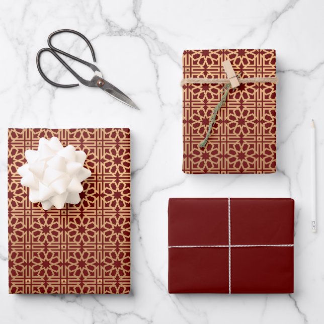 Burgundy Elegant Gold Geometric Arabic Eid kareem Wrapping Paper Sheets (Front)