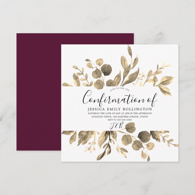 Burgundy & Elegant Gold Leaf Girls Confirmation Invitation (Front/Back)