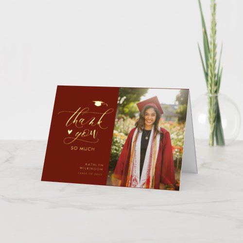 Burgundy Elegant Gold Script Graduation Thank You Foil Greeting Card