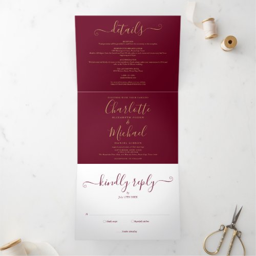 Burgundy Elegant Gold Script Monogram Wedding Tri_Fold Invitation