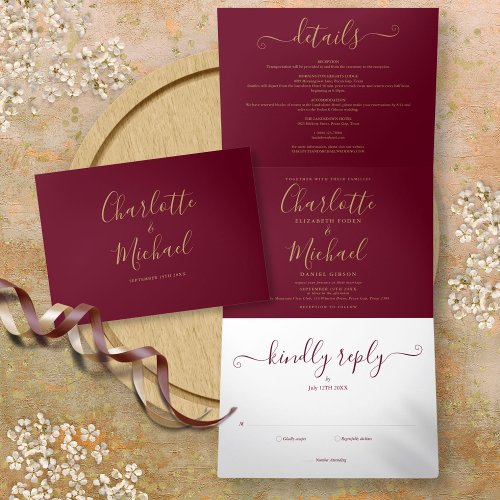 Burgundy Elegant Gold Script Photo Wedding Tri_Fold Invitation