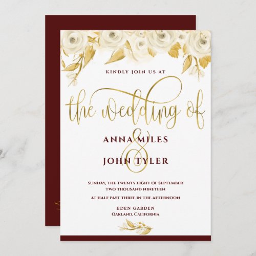 Burgundy Elegant Gold Typography Gold White Roses Invitation