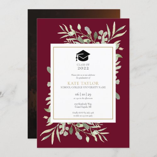 Burgundy Elegant Greenery Photo Graduation Party I Invitation