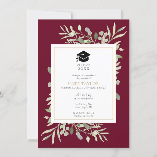 Burgundy Elegant Greenery Photo Graduation Party I Invitation