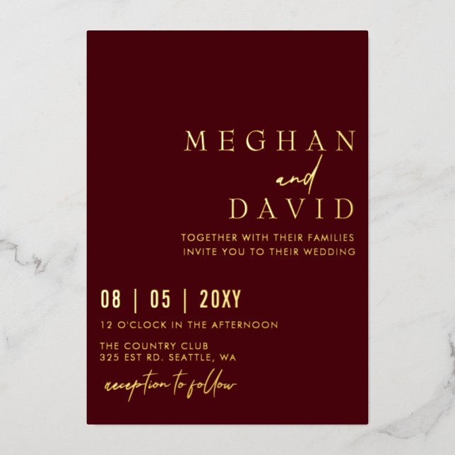 Burgundy Elegant Handwritten Simple Wedding   Foil Invitation (Front)