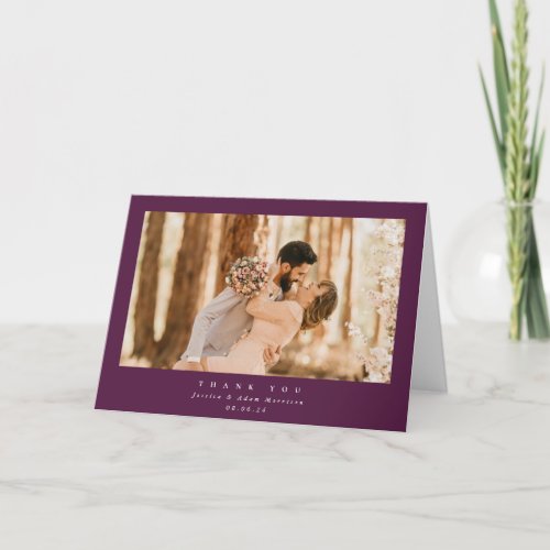 Burgundy Elegant Minimal Single Photo Wedding Thank You Card