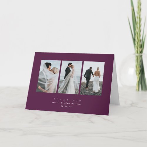 Burgundy Elegant Minimal Triple Photo Wedding Thank You Card