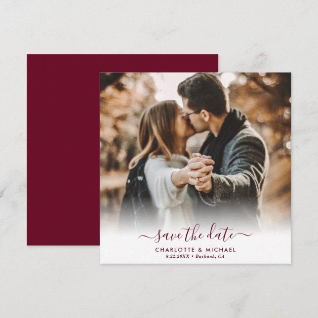 Burgundy Elegant Modern Script Wedding Photo Announcement (Front/Back)