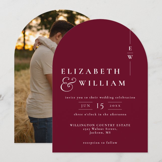 Burgundy Elegant Monogram Photo Wedding Arch Invitation (Front/Back)