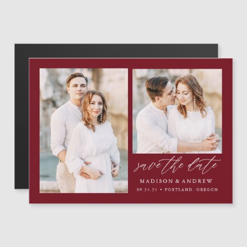 Burgundy Elegant Script 2 Photo Save the Date Magnetic Invitation