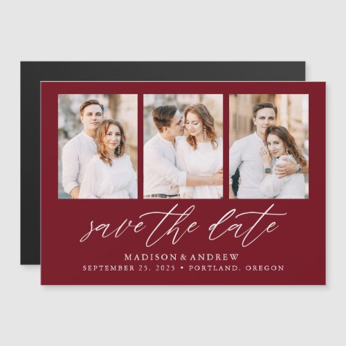 Burgundy Elegant Script 3 Photo Save the Date Magnetic Invitation